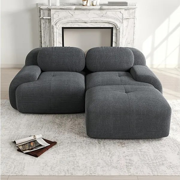 Modułowa sofa narożna 2-osobowa - z Welur - z 2 poduszkami i pufą - ergonomiczna - 208x178x75cm - Szary