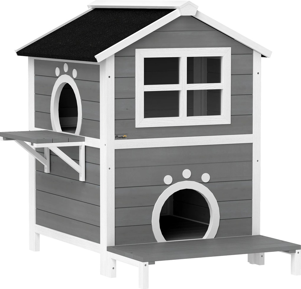 PawHut Zewnętrzny domek dla kotów z odpornym na warunki atmosferyczne dachem, oknem, balkonem, 2 poziomy, dla 1-2 kotów, Szary