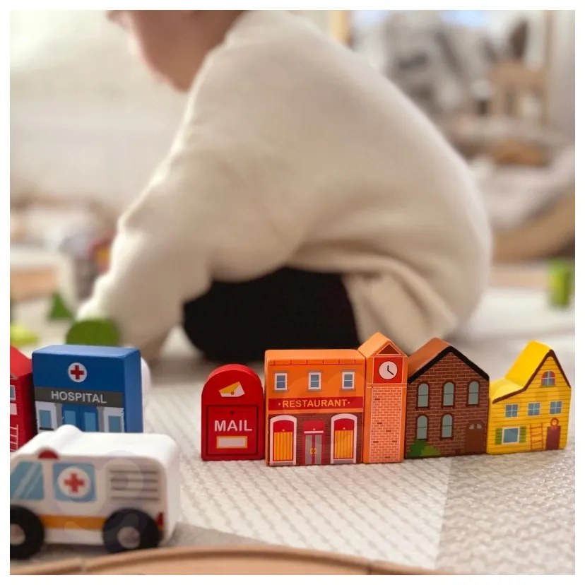 Tooky toy drewniany zestaw budynków i figurek miasto