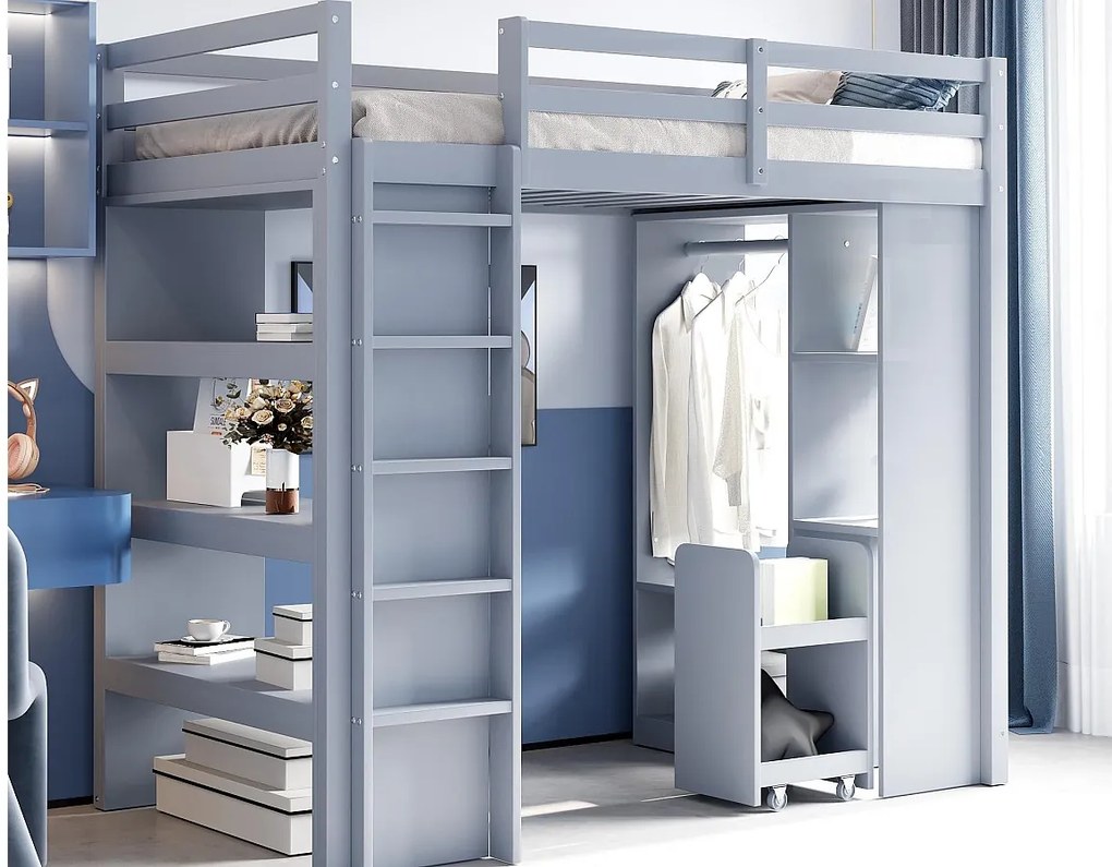 Łóżko antresolowe dziecięce 90×200 cm - z wieszakiem + schowkiem - z 1 mobilnym wózkiem na rzeczy - szare (materac nie jest dołączony)