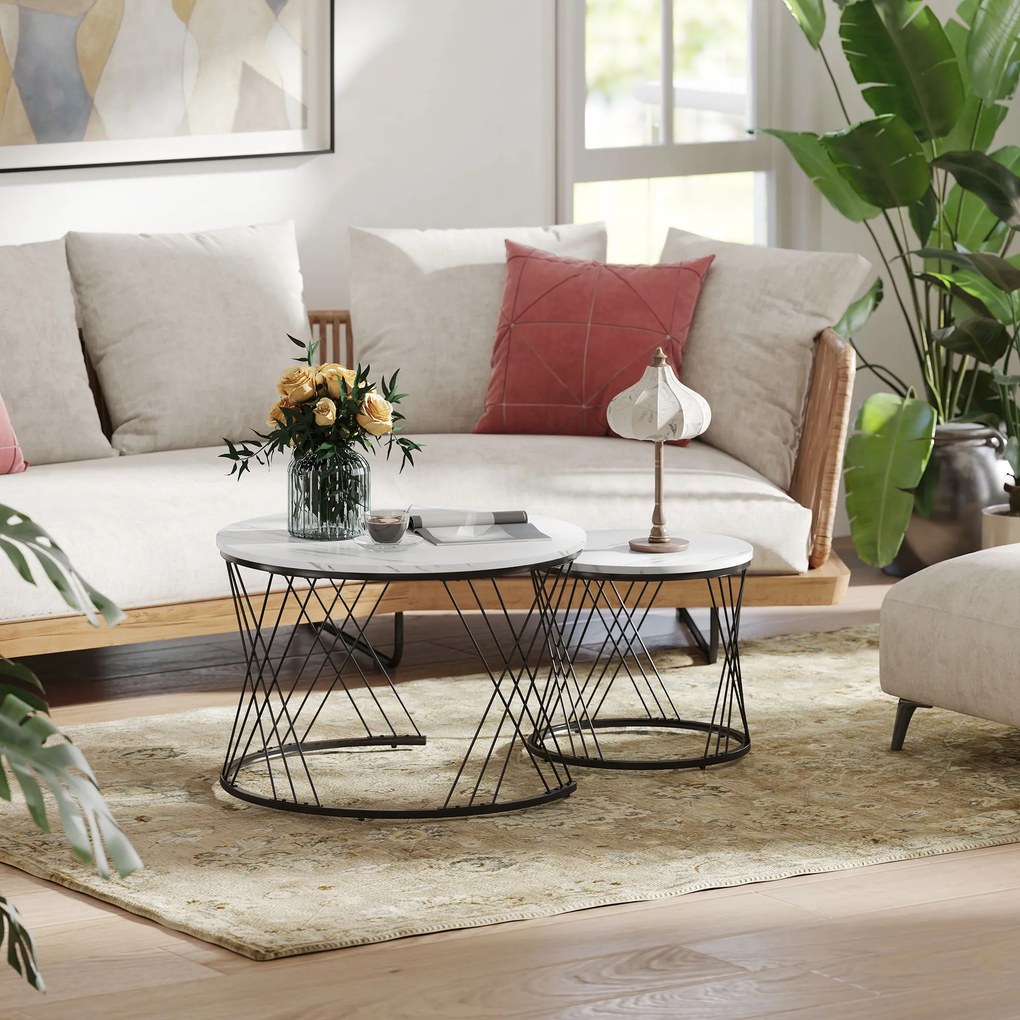 HOMCOM Okrągłe stoły kawowe w zestawie 2 szt., marmurowa powierzchnia, płyta wiórowa, metal, łatwość w przechowywaniu, Biały