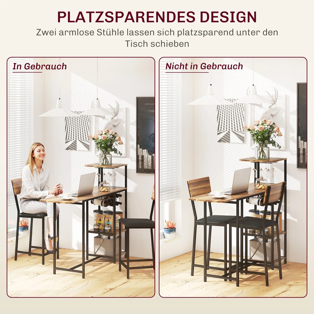 HOMCOM 3-częściowy zestaw stołów barowych, 1 stół, 2 hokery, z regałem na wino, uchwytem na szklanki, otwartymi półkami, podnóżkami, brązowy