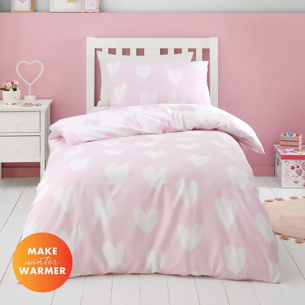 Różowa flanelowa pościel dziecięca dwuosobowa 200x200 cm Hearts – Catherine Lansfield