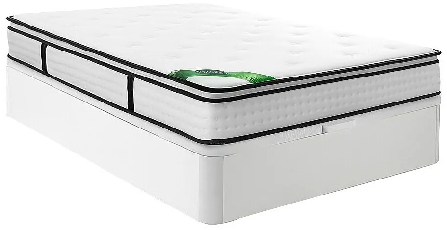 Zestaw 140 x 190 cm biały skrzynia + materac z kieszeniami sprężynowymi 7 stref z wbudowanym topperem i bambusowym pokrowcem gr.23cm - TAREVO od NATUREA