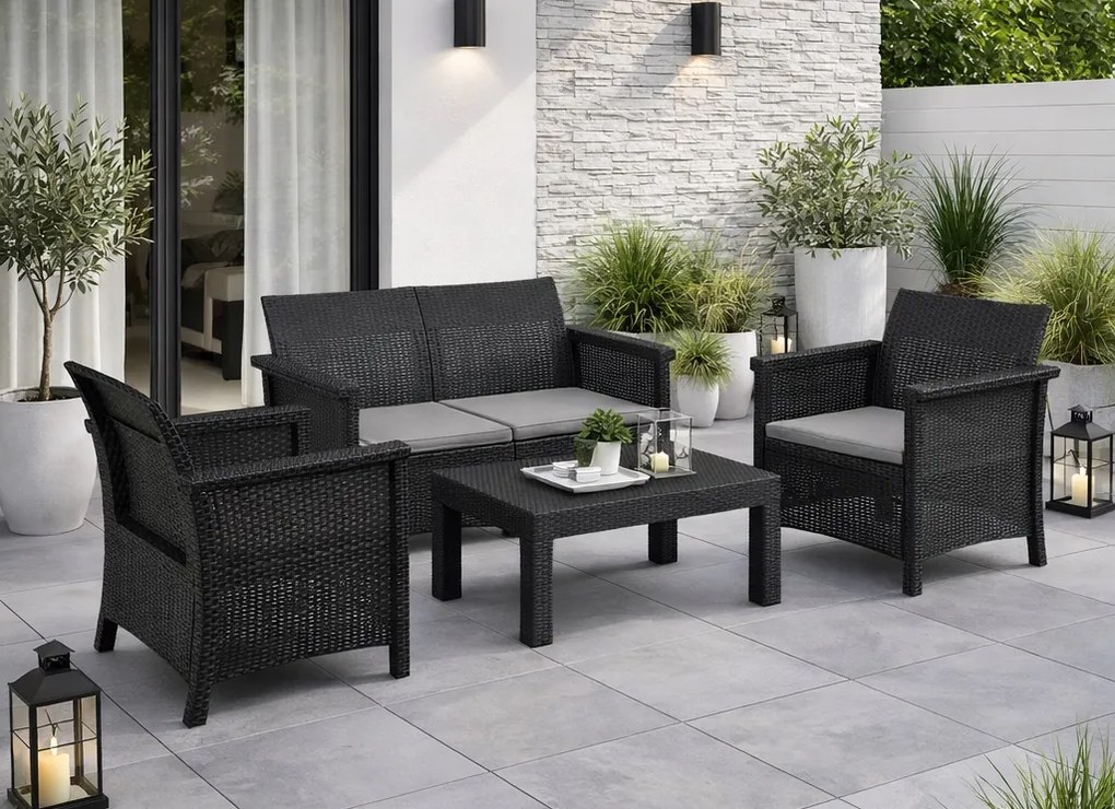 Zestaw mebli ogrodowych Selvo 089 - sofa 2-osobowa, 2 fotele i stolik kawowy, czarny/szary