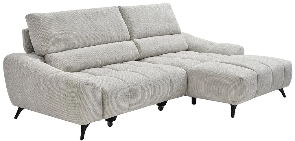 Kanapa narożna relaksacyjna prawostronna z regulowaną głębokością siedziska w beżowej tkaninie ELOSIA