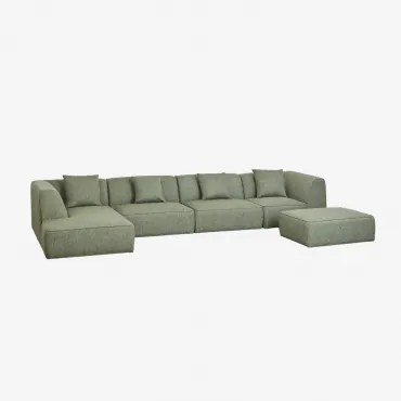 Sofa Modułowa 4-częściowa Lewostronna Z Leżanką I Tapicerowanym Pufem Cardea Bouclé Salvia Zieleń - Sklum