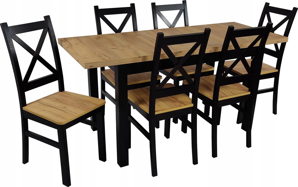 Stół mały 6 Krzeseł 65x120/160 Dąb Craft krzyż czarne + nogi drewniane