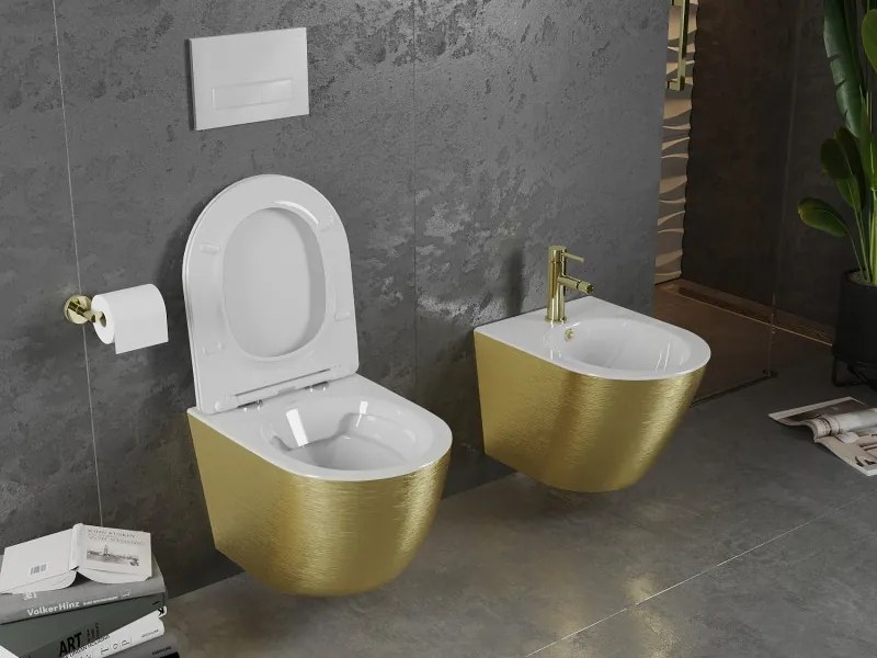 Mexen Lena miska wc Rimless z deską wolnoopadającą slim, duroplast, biała/złota wzór linie - 30224007