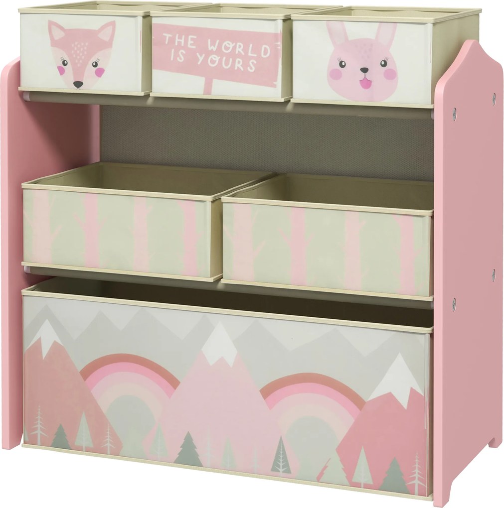 ZONEKIZ Regał dziecięcy z 6 pojemnikami tkaninowymi, uroczy design, 63×30×66 cm, różowy
