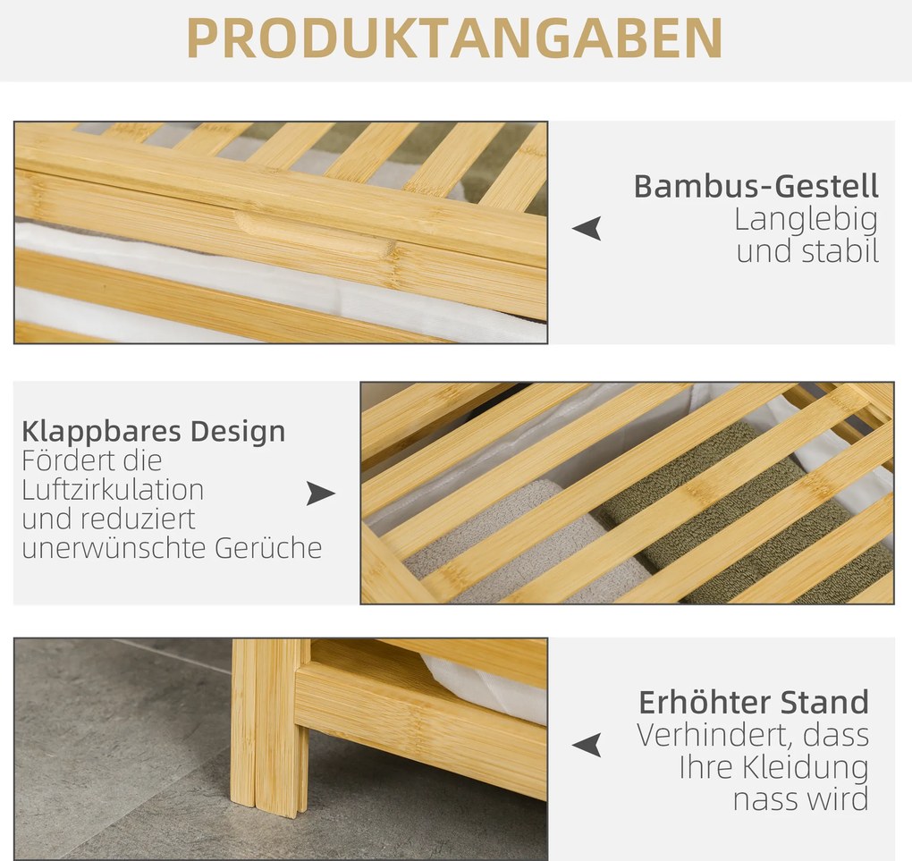 HOMCOM Kosz na Pranie z Pokrywą Bambusowy Pojemnik 55L Naturalny | Aosom PL