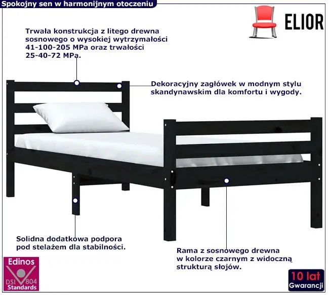 Czarne sosnowe pojedyncze łóżko 90x200 Gadon