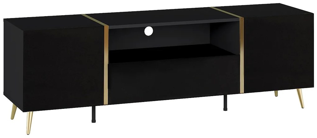Szafka RTV 2-drzwiowa z 1 szufladą i 1 wnęką - Czarny z połyskiem i Złoty - MARZIALO