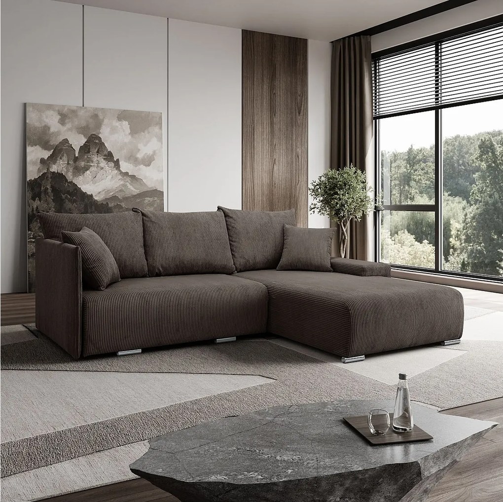 Narożnik, Sofa w kształcie L, tkanina sztruksowa Poso, Brązowy, Prawy, Livorno L