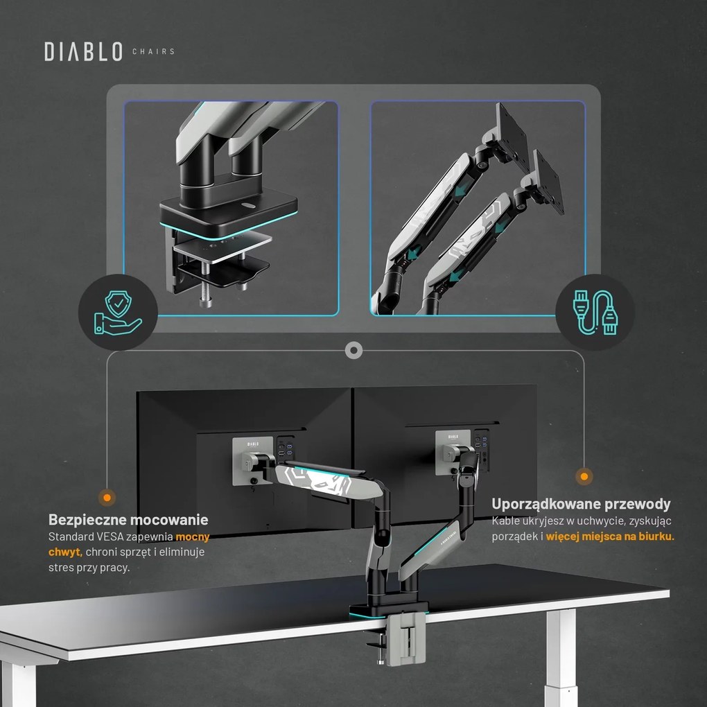 Uchwyt regulowany na 2 monitory 35 cali RGB Diablo X-Arm Dual, szaro-czarny