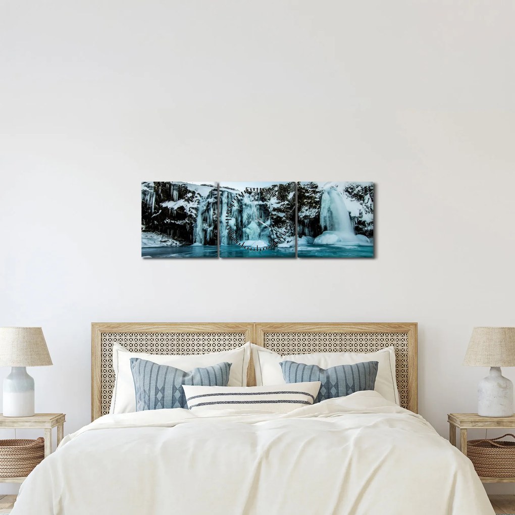 Obraz zamarzniętych wodospadów (z zegarem) (90x30 cm)
