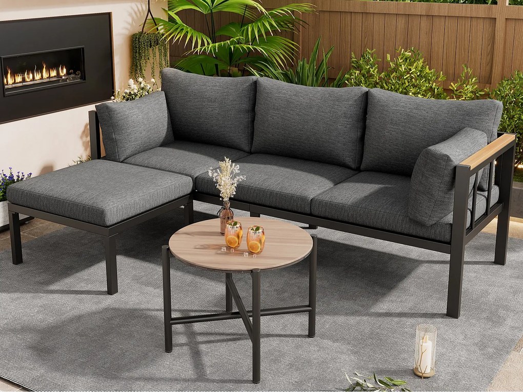 Zestaw mebli ogrodowych - 4 miejsca - narożnik, sofa + stolik kawowy + podnóżek, stalowa rura ocynkowana, szklany blat - Szary