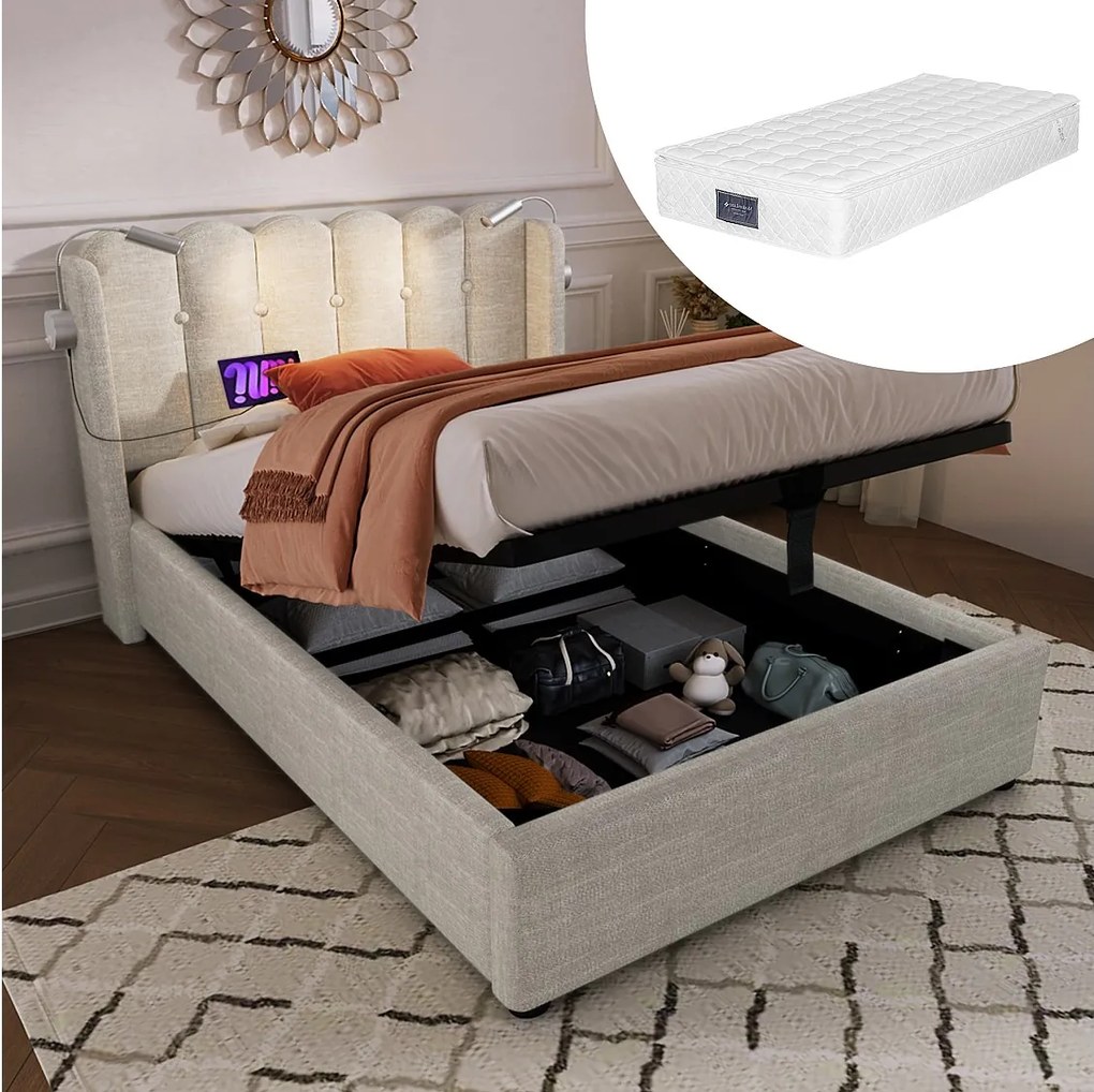 Łóżko dziecięce 90x200 cm - rama łóżka z zagłówkiem, portem USB - beżowy len - materac w cenie