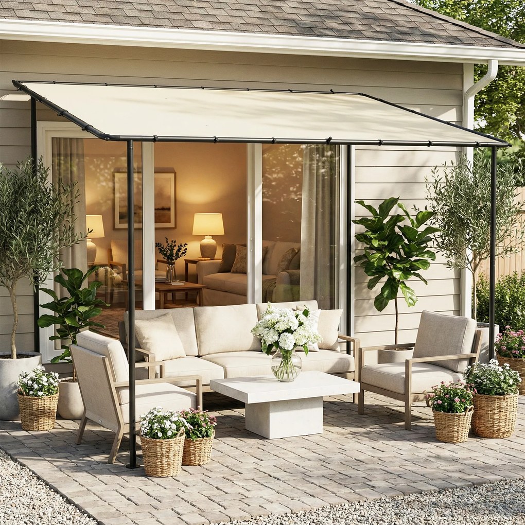 Outsunny Przyścienna Pergola z Metalową Ramą i Zadaszeniem, Odporna na Warunki Pogodowe, 3 x 1,8 x 2,3 m, Kremowa | Aosom PL