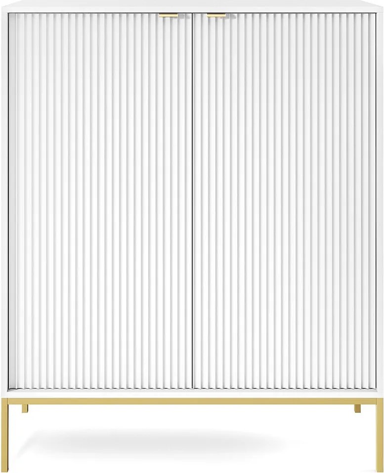 Komoda: 2 drzwi, biała, złota, 104 x 125 x 39 cm, złote uchwyty