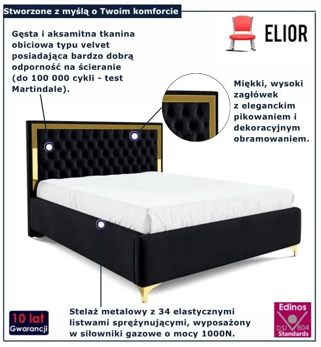 Czarne łóżko z pikowanym zagłówkiem w stylu glamour T7-R70