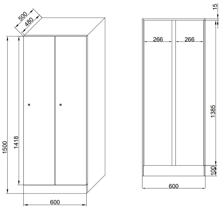 Szafka ubraniowa S1 z ławką, 2-drzwiowa, 1875 x 600 x 500/800 mm, demontaż, zamek obrotowy, drzwi beżowe