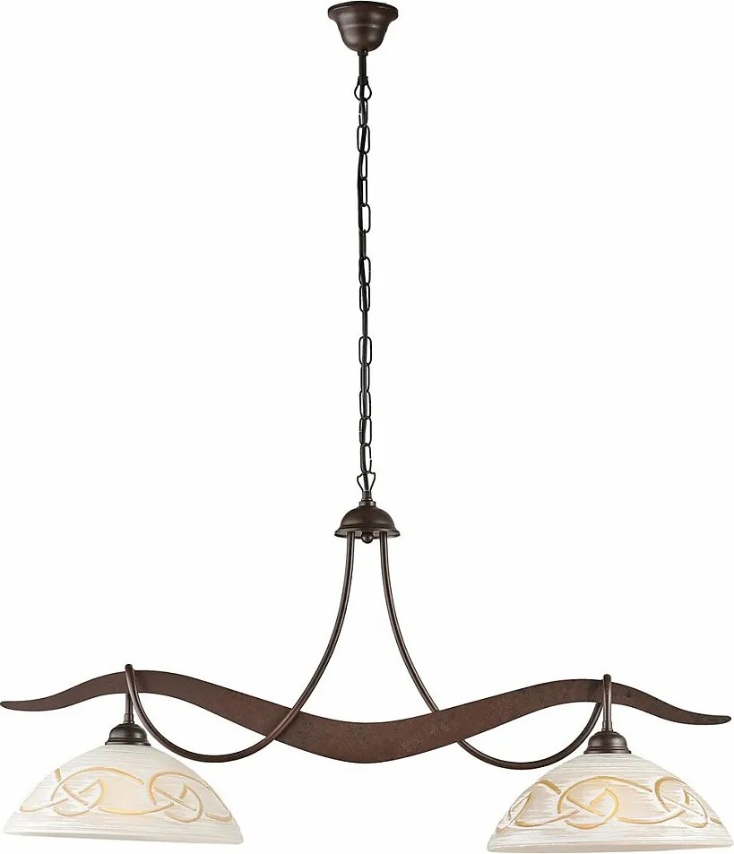 Bilbao - żyrandol z czarnego lakierowanego żelaza, dekor imitujący rdzę, białe i bursztynowe klosze szklane Ø30 cm, 2 światła, 89x30 cm