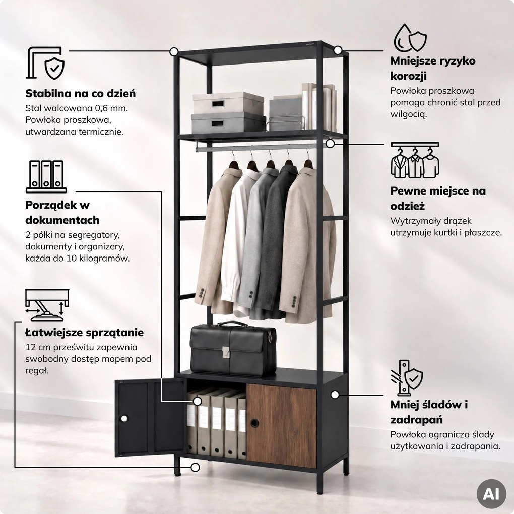 Regał biurowy otwarty z drążkiem na ubrania, do recepcji i poczekalni, metalowy, antracytowy/orzech, 800x2200x400 mm: ARIEL Eco Design