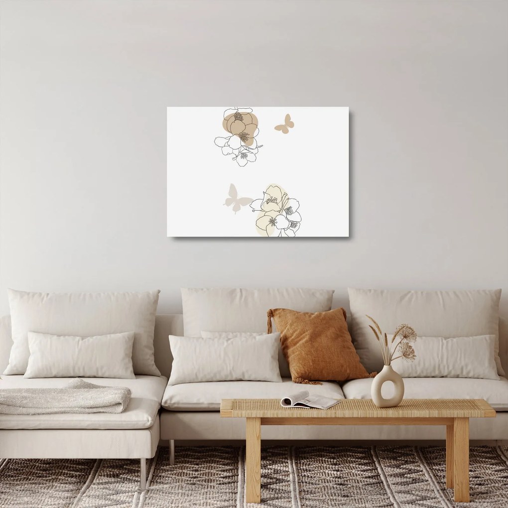 Obraz na szkle - Beżowe kwiaty z motylem N⁰2 (70x50 cm)