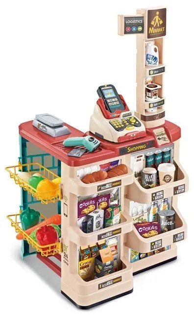 Woopie sklep supermarket z wózkiem sklepowym waga kasa skaner + 48 akc.