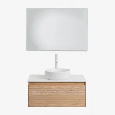 Zestaw Mebli Łazienkowych Z Drewna Jesionowego Tedrik Popielaty Brąz & Okrągły Ceramiczny Biały Ø40 Cm - Sklum