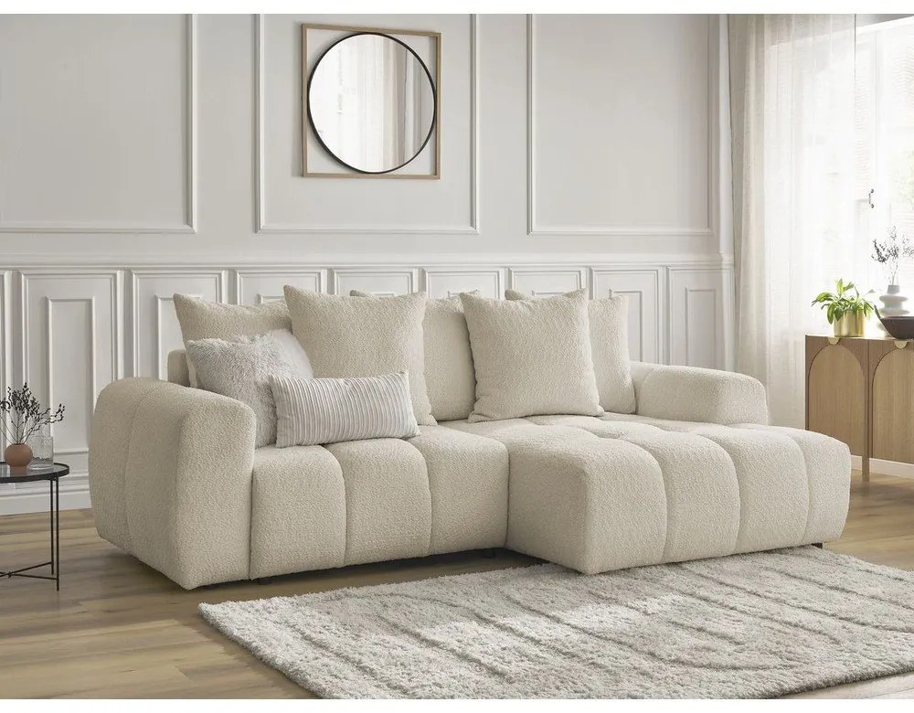 Beżowy rozkładany/ze schowkiem narożnik z materiału bouclé (prawostronny/z szezlongiem) Roxelane – Bobochic Paris