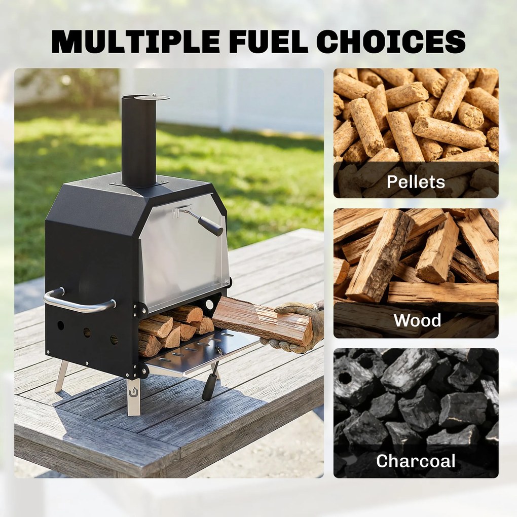 Outsunny Zewnętrzny Piec do Pizzy Opalany Drewnem Stal Nierdzewna 2 Poziomy z Kamieniem do Pizzy 1 cm, Składane Nóżki | Aosom PL
