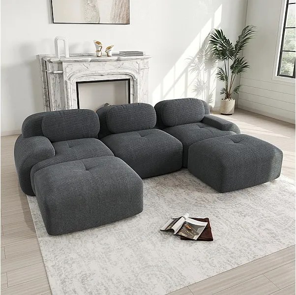 Modułowa sofa narożna 3-osobowa - z Welur - z 3 poduszkami i 2 pufami - 298x178x75cm - Szary