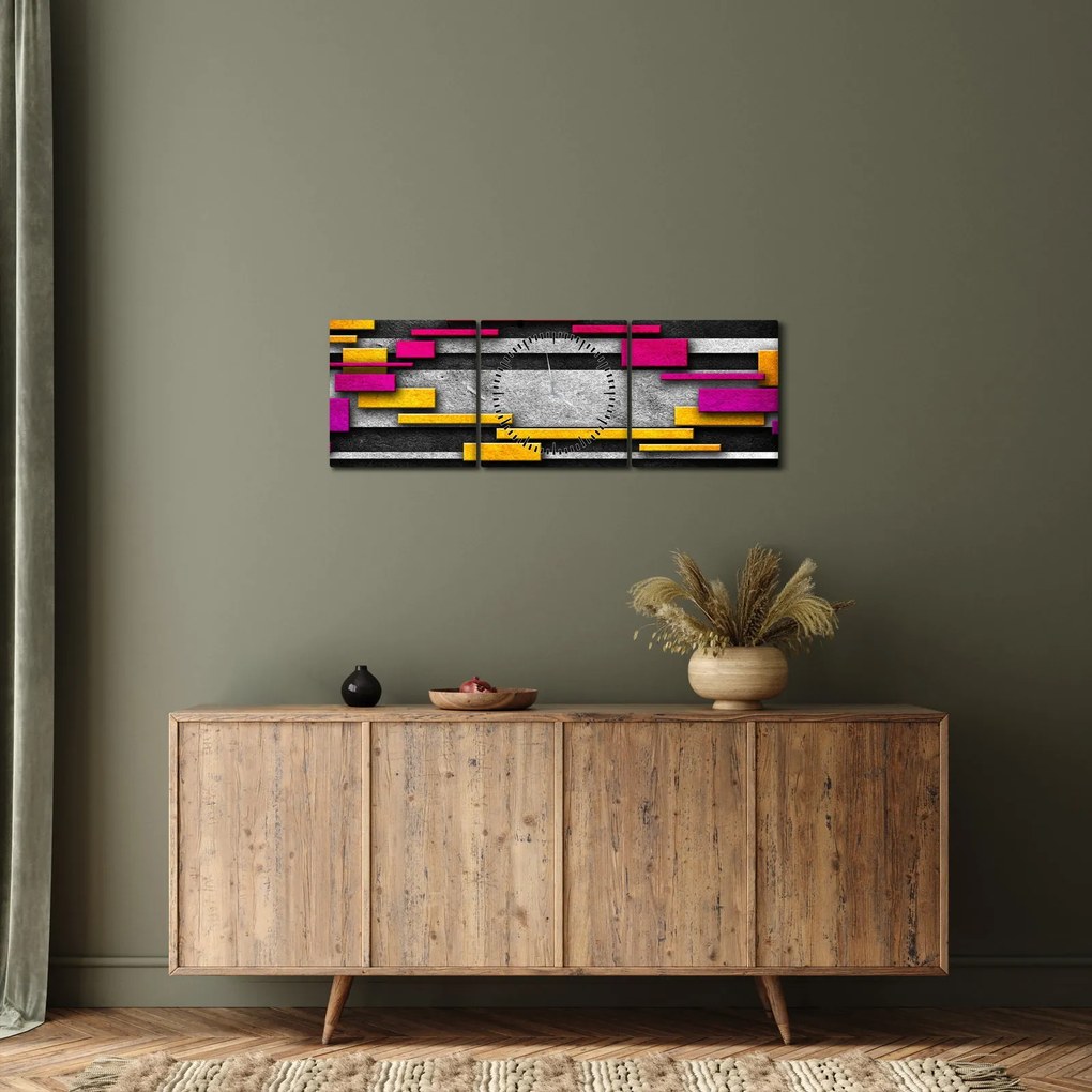 Obraz kolorowej abstrakcji na czarnym tle (z zegarem) (90x30 cm)