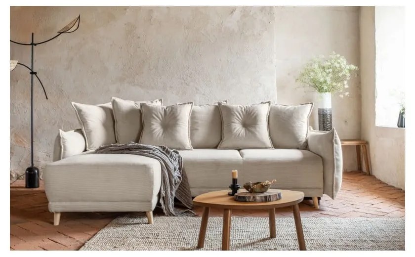 Beżowy sztruksowy rozkładany narożnik (strona zmienna) Lazy Lukka – Miuform