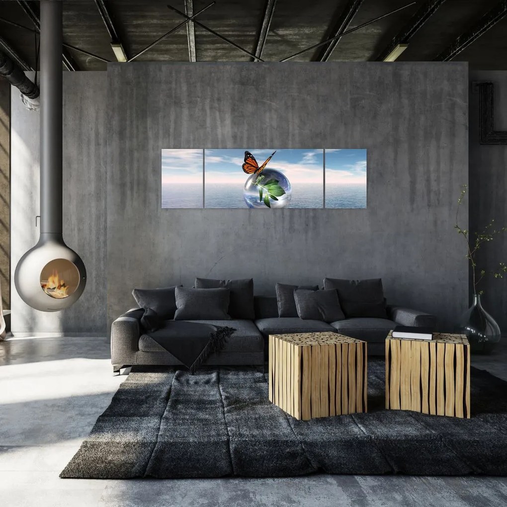 Obraz motyla na szklanej kuli (170x50 cm)