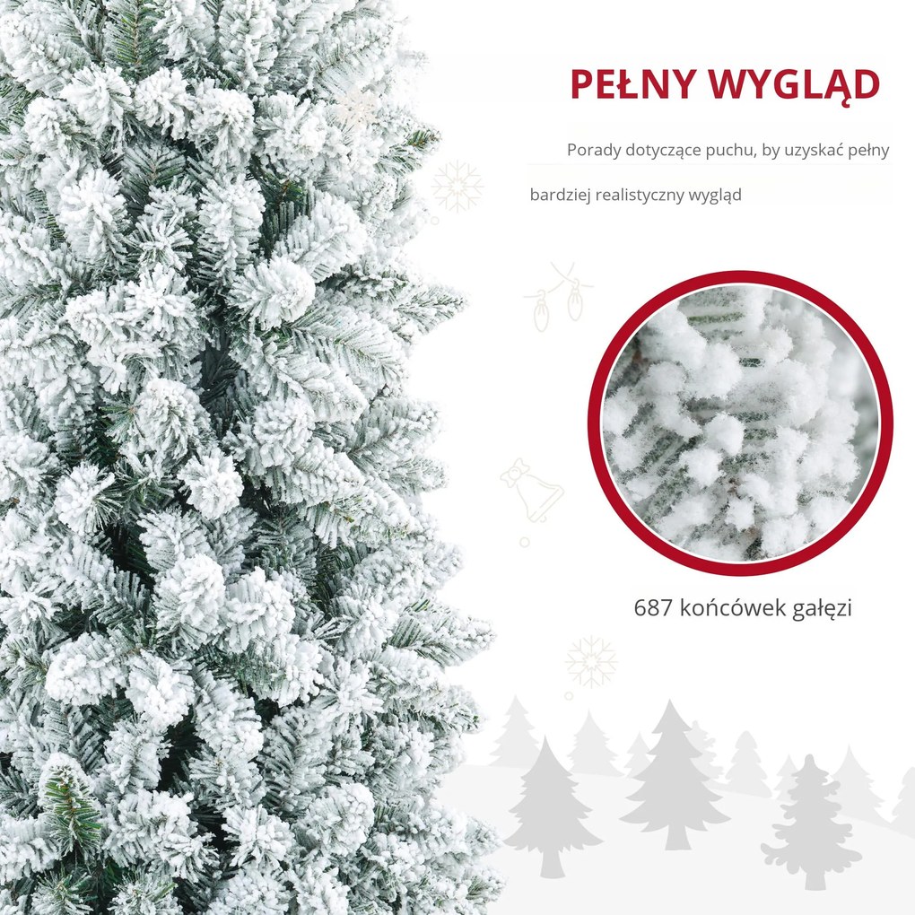 HOMCOM Sztuczna Choinka, niepalna, z efektem śniegu, szczupła, na metalowej podstawie, 75 x 210 cm, Zielona | Aosom PL