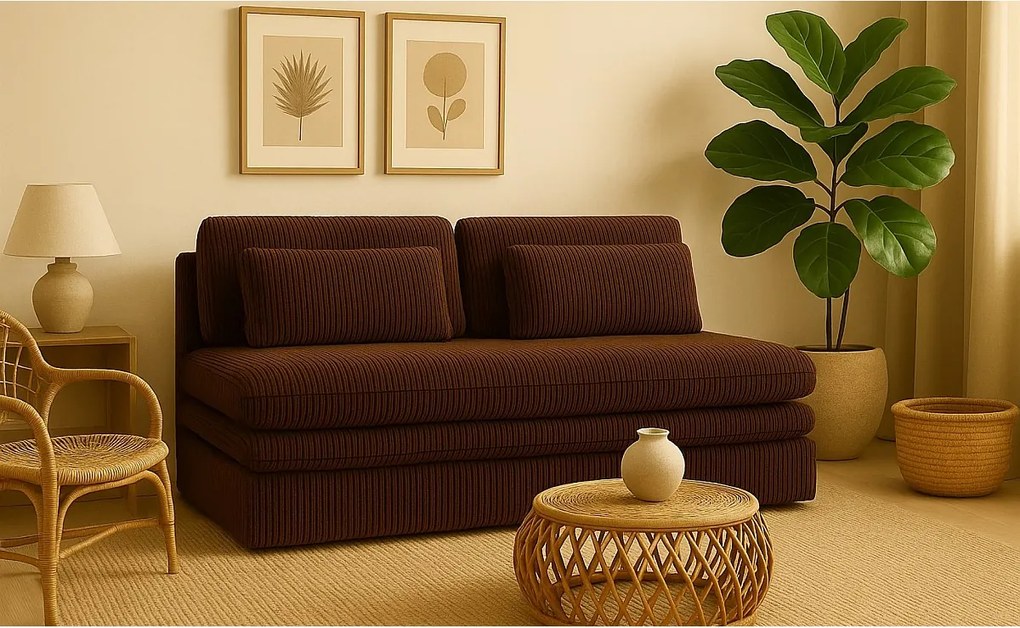 Sofa z funkcją spania i pojemnikiem OLIA, tkanina Poso, Brązowy