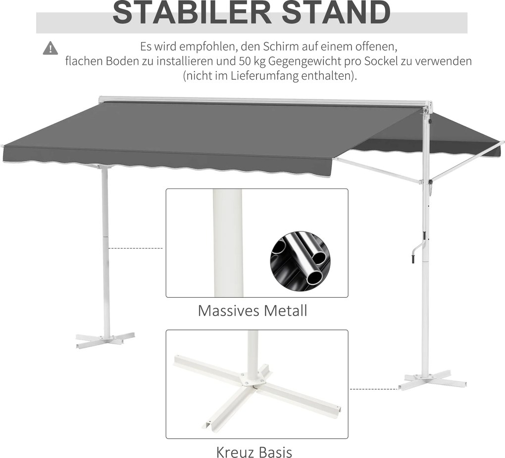 Outsunny Markiza stojąca ogrodowa ze składanym ramieniem szara dł. 395 x szer. 298 x wys. 255 cm, szary | Aosom PL
