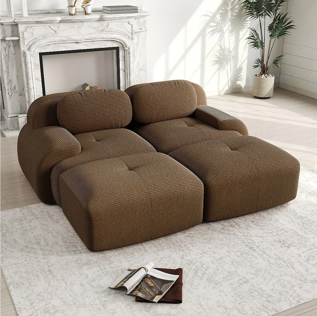 Sofa modułowa w welurze żebrowanym - 2-osobowa - z 2 poduszkami i 2 pufami - antypoślizgowy spód - 208x178x70cm - Brązowy