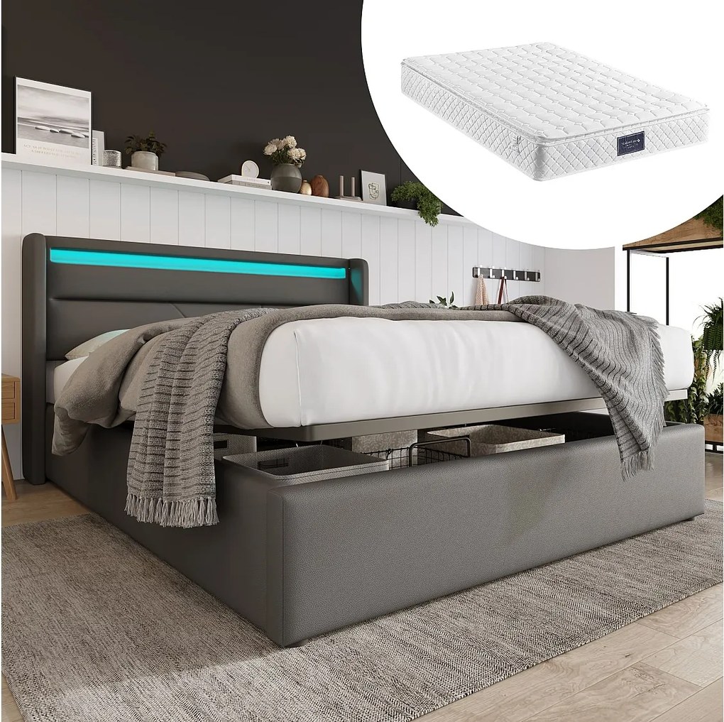 Łóżko dla dorosłych ze schowkiem 140 x 200 cm z zagłówkiem - LED - skóra PU - Szare + Materac