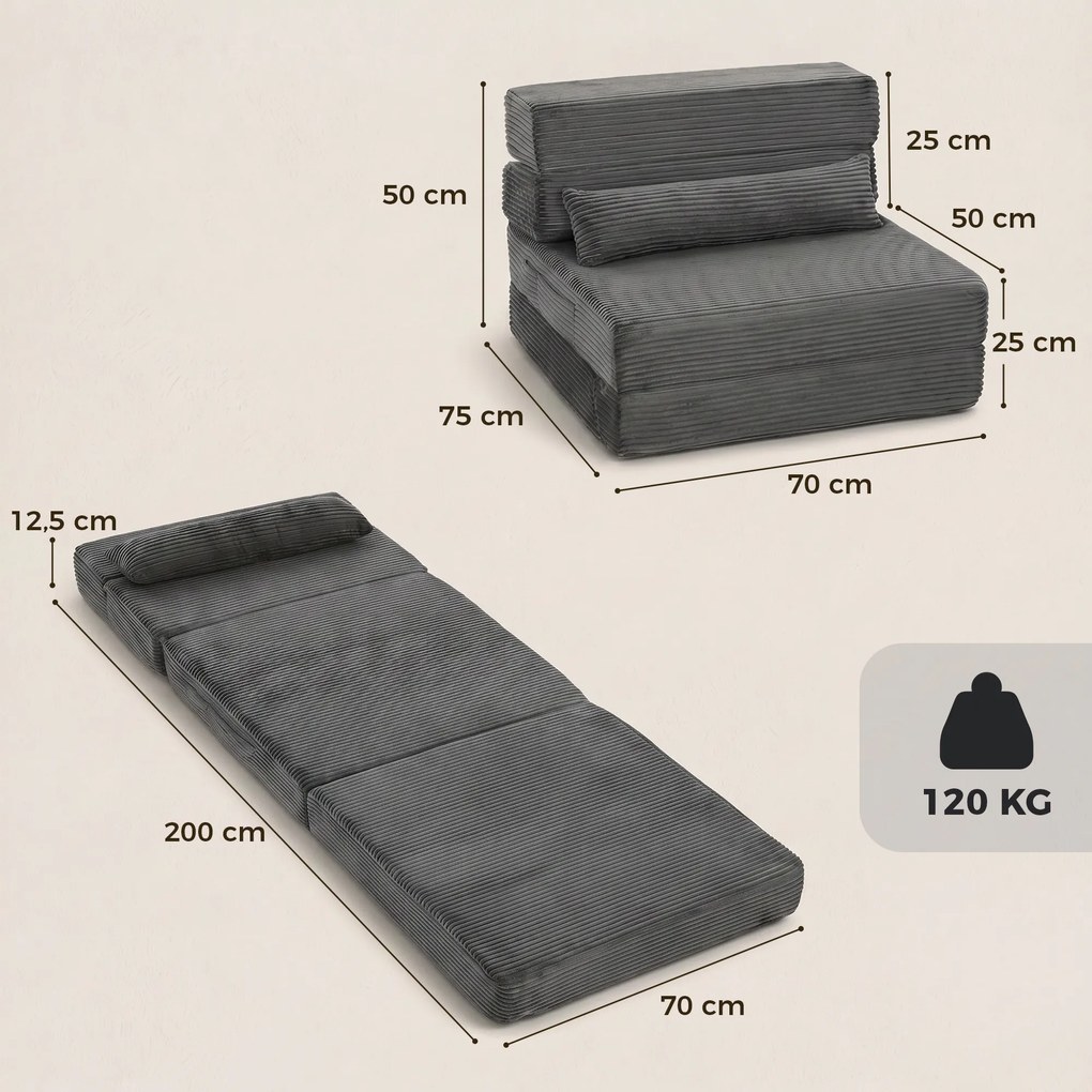 HOMCOM Krzesło podłogowe z oparciem, sztruks Boneless Cloud składana sofa do spania z grubym wypełnieniem, ciemnoszary | Aosom PL
