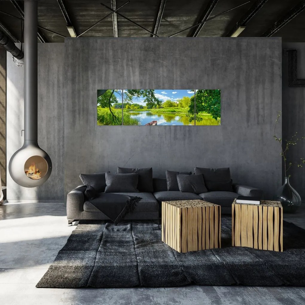 Obraz letniej rzeki z łodzią (170x50 cm)