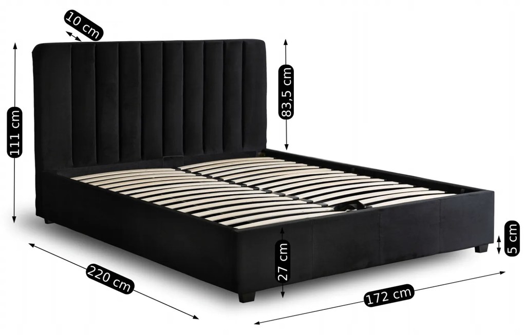 Łóżko Tapicerowane 160x200 cm ze Stelażem i Pojemnikiem Dwuosobowe MARI Welurowe Czarne