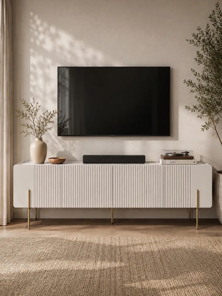 Szafka RTV Malmi 200 cm - kaszmir / crema bianca / złote nóżki