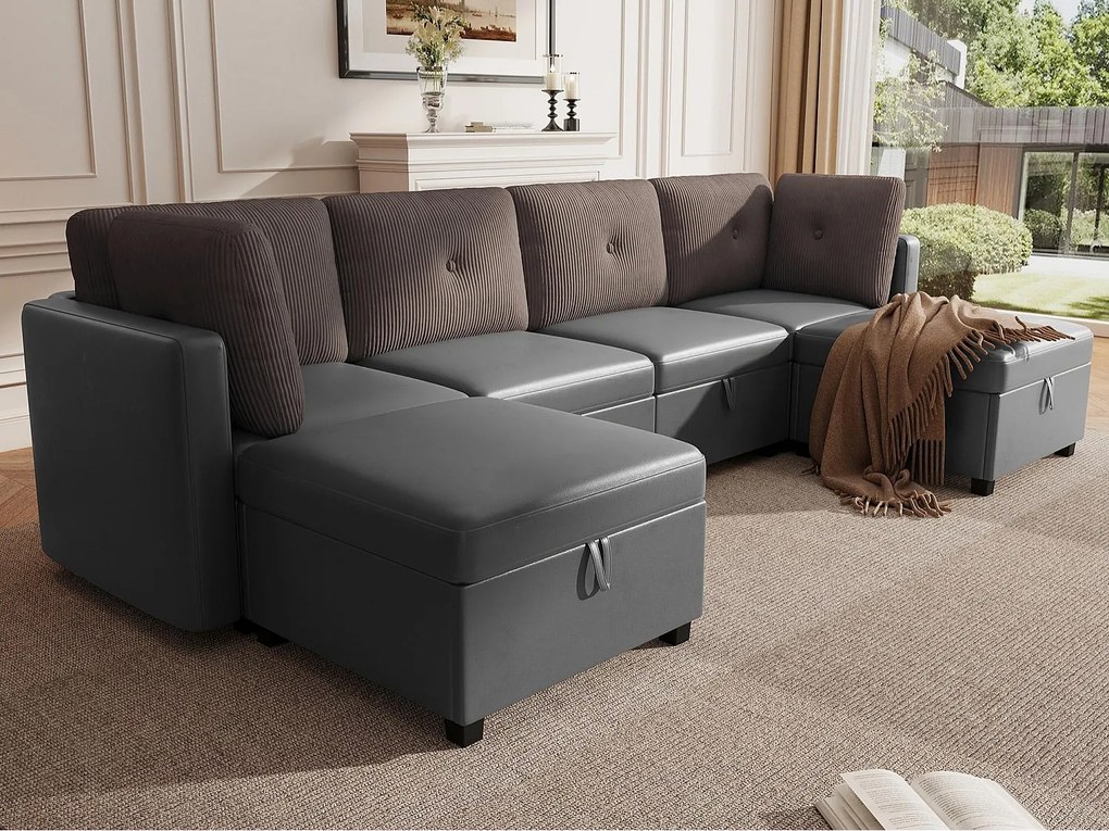 Kanapa 6-osobowa w kształcie litery U - z miejscem do przechowywania - wielofunkcyjna przekształcalna - welur + welur prążkowany - szary