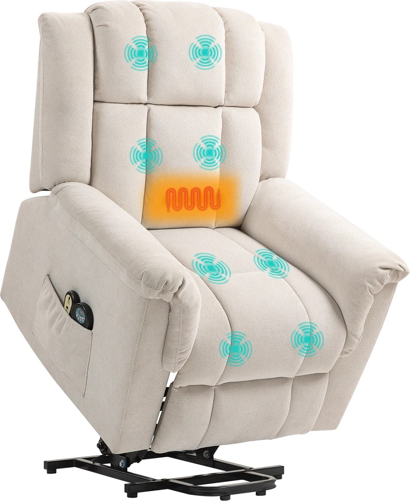 HOMCOM Fotel Powerlift z funkcją masażu i ogrzewania, Fotel wypoczynkowy z podnóżkiem, Boczne kieszenie, Obicie z tkaniny, Beżowy