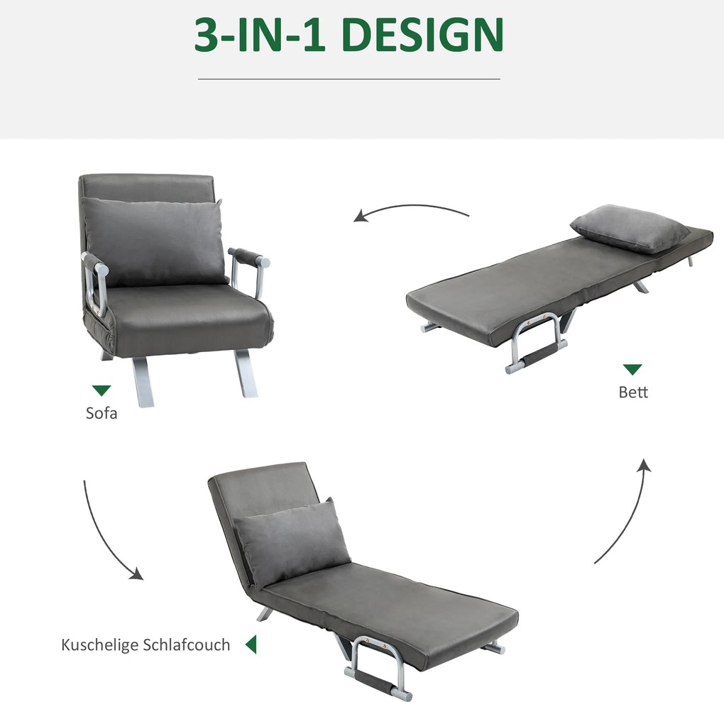 HOMCOM Rozkładany fotel z funkcją spania podłokietniki łóżko rozkładane łóżko dla gości szezlong 3 w 1 szary