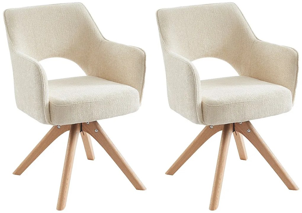 Zestaw 2 krzeseł obrotowych z podłokietnikami z tkaniny i drewna dębowego - Kremowy - KONYA